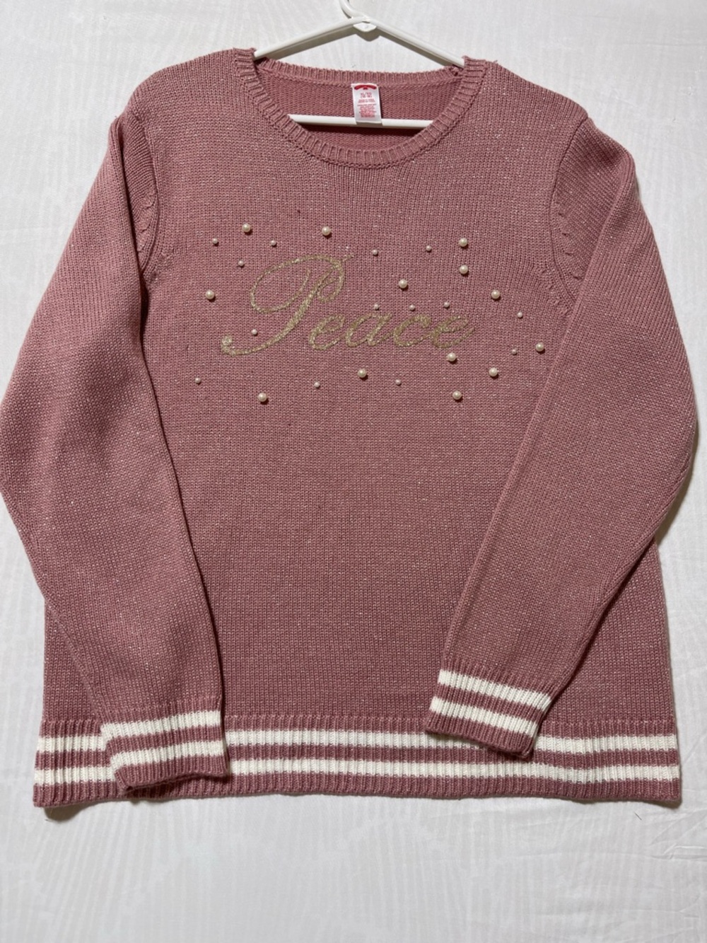 Holiday Time Pink “Peace” Sweater Pearl Beaded Metallic Knit Size XL